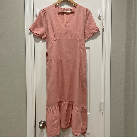 Grae Cove Adelita Midi Dress Sz Small Pink Linen Babydoll Ruffle Soft Feminine - Picture 2 of 10